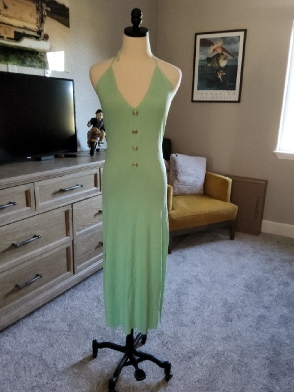 Halter Button-Front Midi Dress in Mint Green